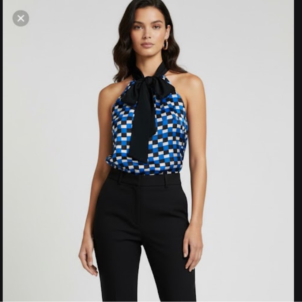 Stylish Blue and Black Checkered MK top